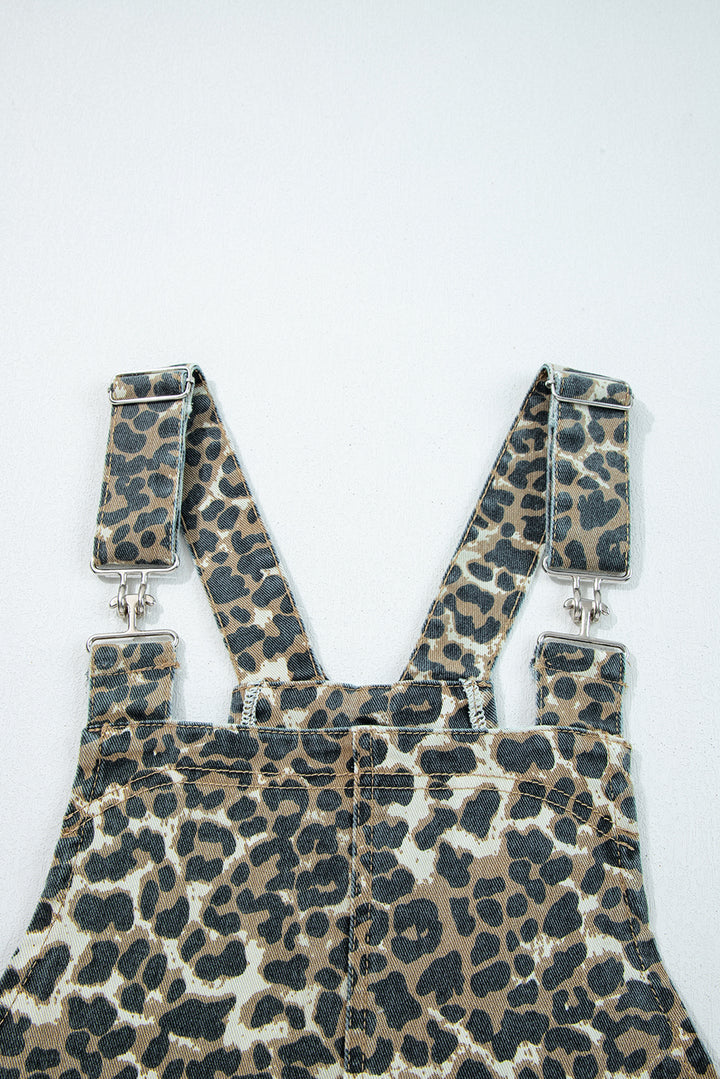 Gray Leopard Print Pocketed Loose Fit Denim Overall Dress