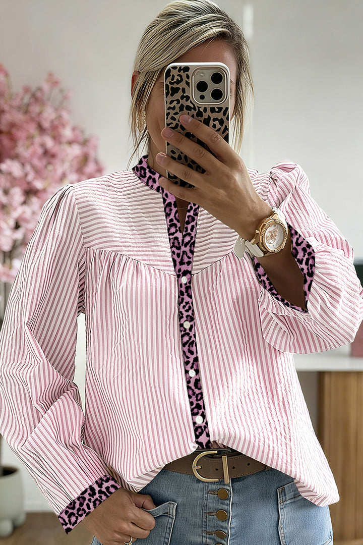 Pink Stripe Leopard Patchwork Long Sleeve Shirt