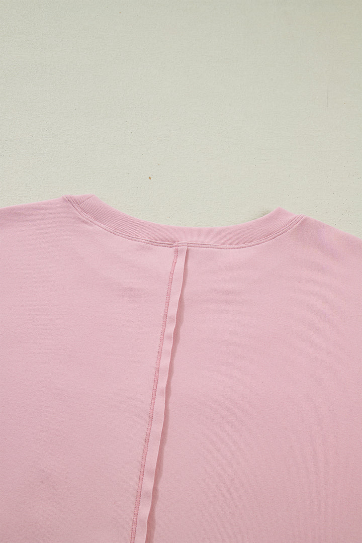 Light Pink Solid Color Bow Textured Patchwork Long Sleeve Tee