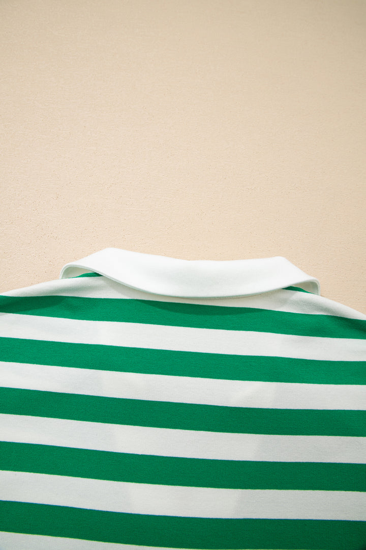 Green Stripe Collar V Neck Ruffled Short Sleeve Blouse