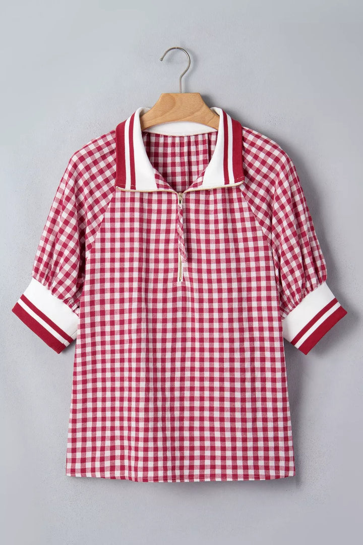 Gingham Puff Sleeve Quarter Zip Blouse