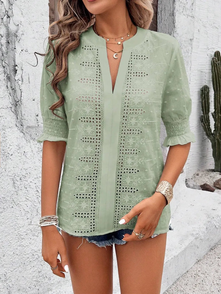 Eyelet Notched Flounce Sleeve Blouse