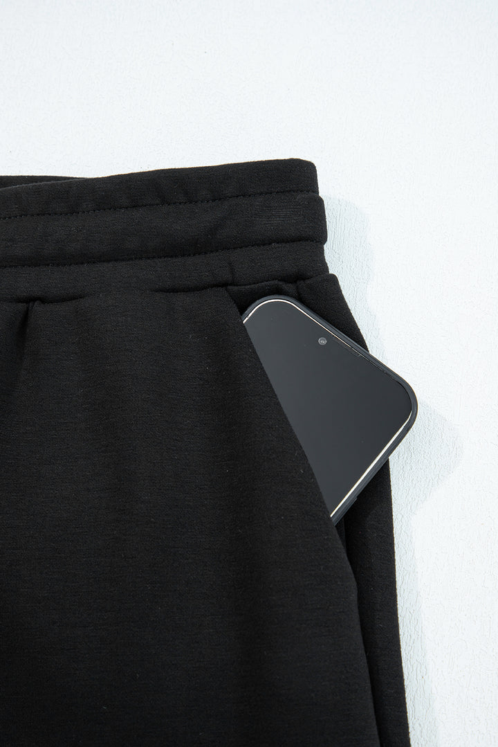 Black Zip Collar Long Sleeve Top Drawstring Pants Set