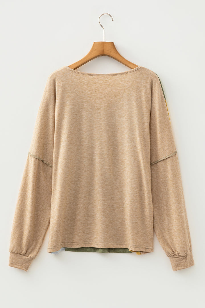 Jungle Green Exposed Stitching Colorblock V Neck Long Sleeve Top