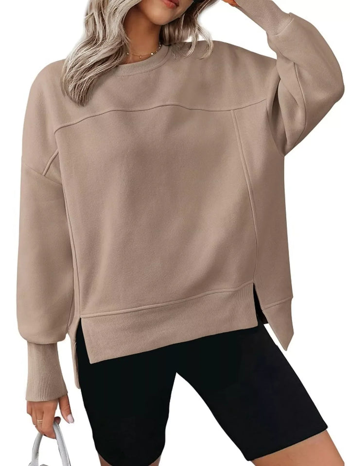 Slit Round Neck Dropped Shoulder Sweatshirt