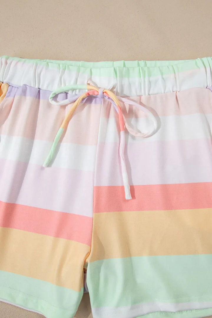 Rainbow Striped Round Neck T Shirt and Shorts Lounge Set