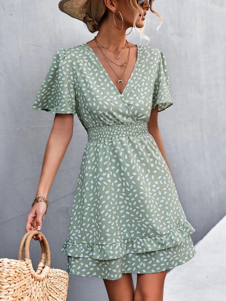 V-Neck Flutter Sleeve Mini Dress