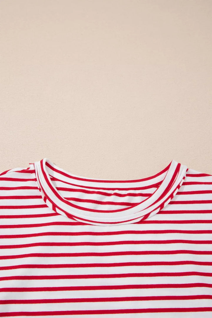 Stripe Floral Puff Sleeve Patchwork Round Neck Loose Top
