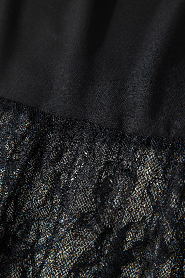 Black Solid Color Sleeveless Sheer Floral Lace Patchwork Long Dress