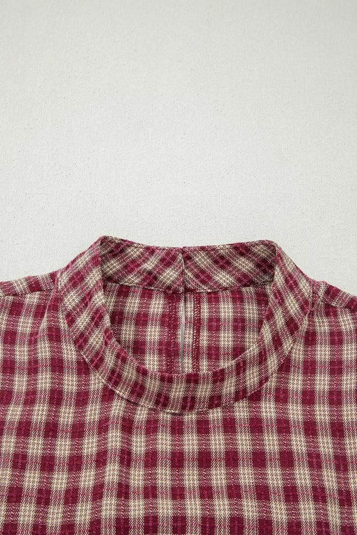 Country Plaid Long Sleeve Button Keyhole Pleated Loose Blouse