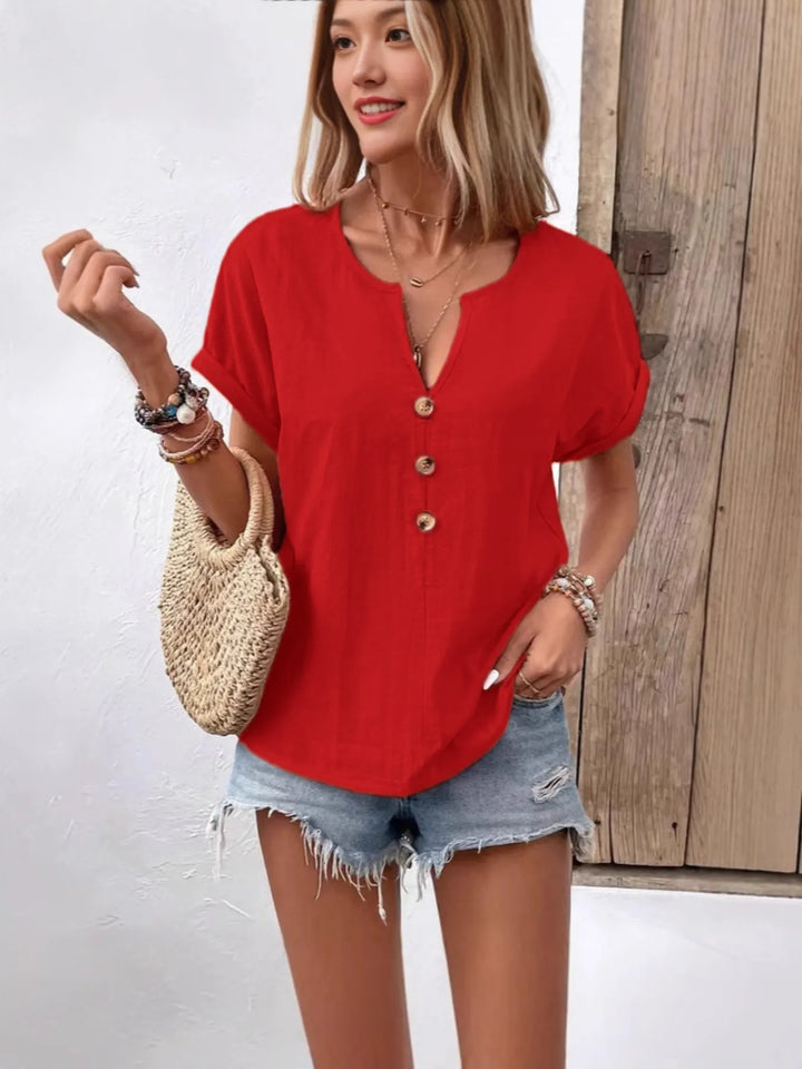 Full Size Notched Short Sleeve Top Plus Size
