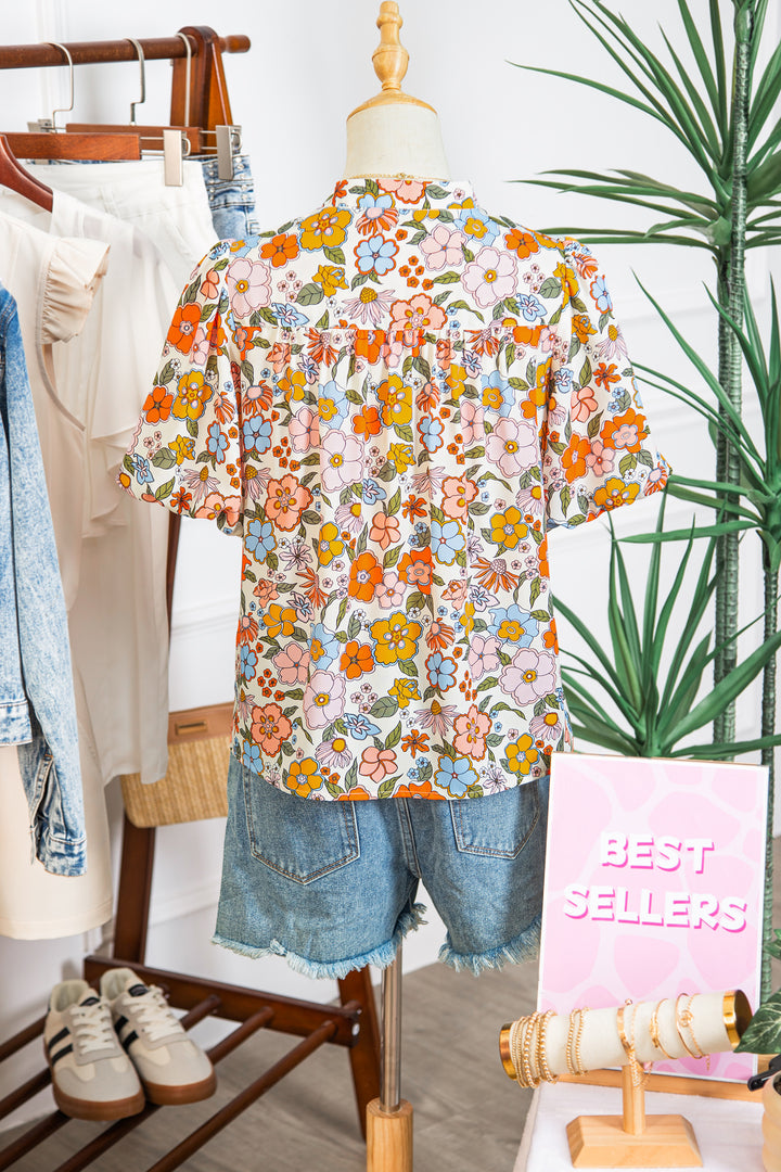 Multicolour Crochet V Neckline Puff Sleeve Boho Flower Blouse