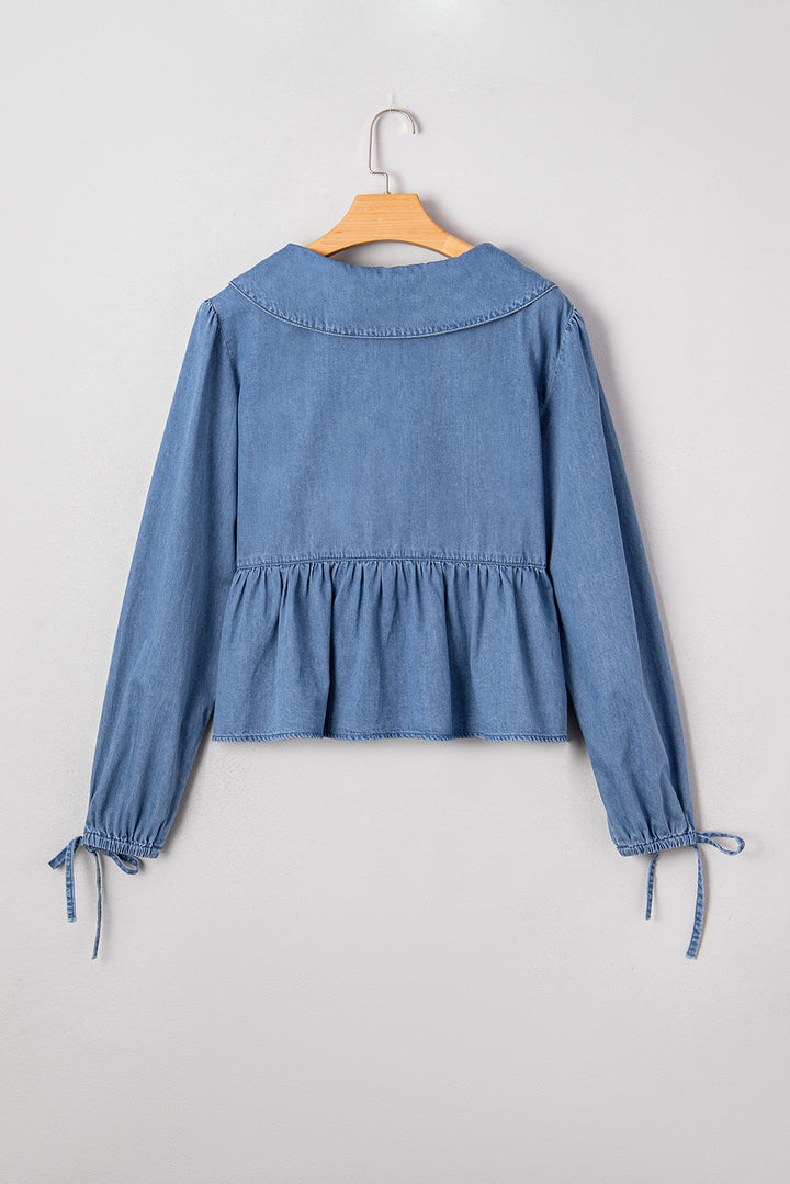 Dusk Blue Denim Lapel Neck Balloon Sleeve Tied Peplum Top