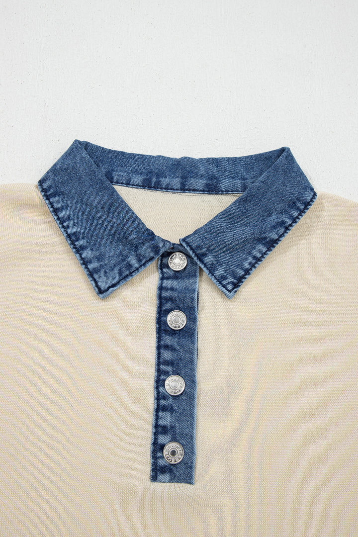 Jet Stream Short Sleeve Knit Denim Patchwork Polo Collar Sweater