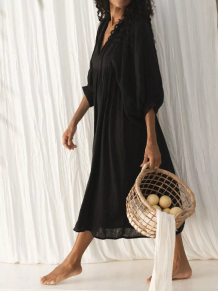 Tie Neck 3/4 Sleeve Midi Dress