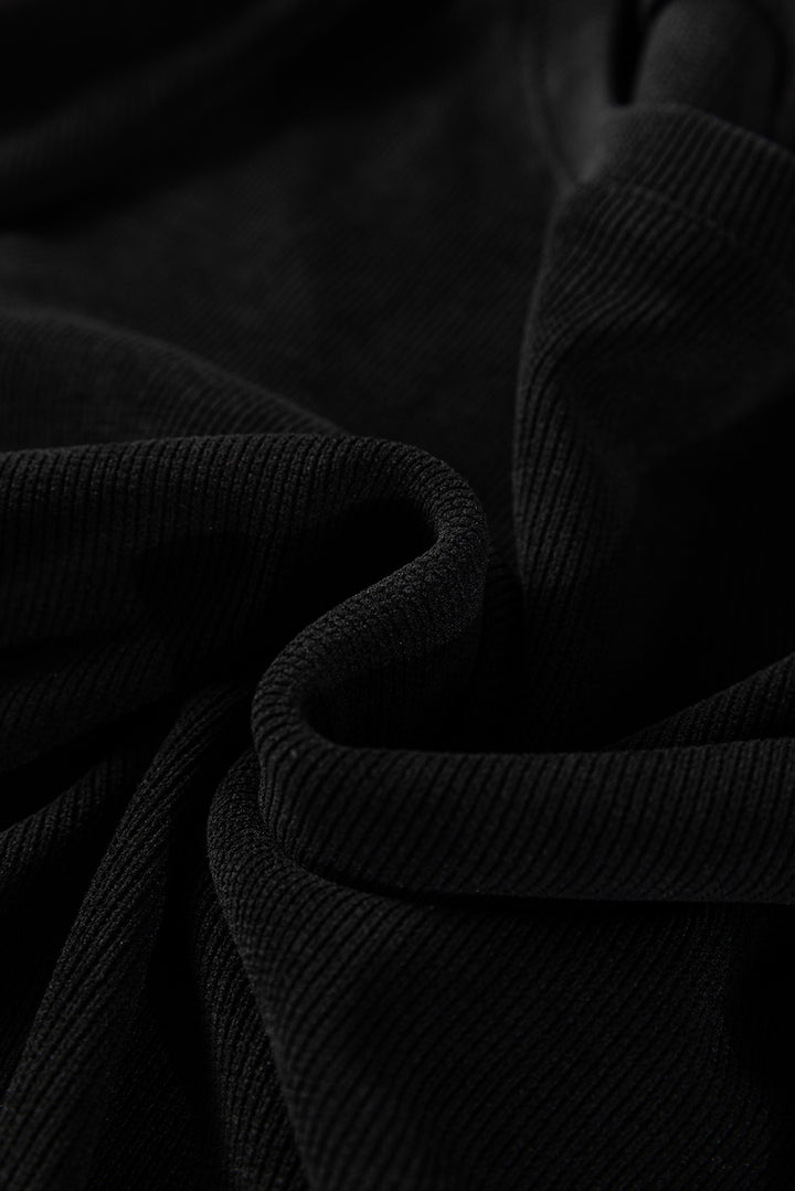 Black Solid Color Textured Knit Drop Shoulder Pullover Drawstring Shorts Set