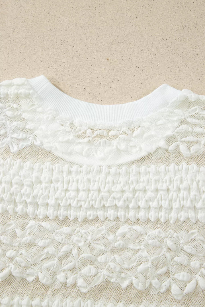 Sheer Lace Textured Patchwork Short Sleeve Top