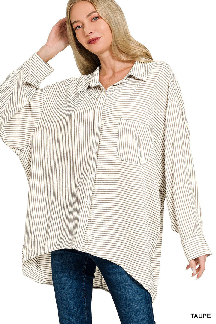 Zenana Woven Stripe Button Down Shirt