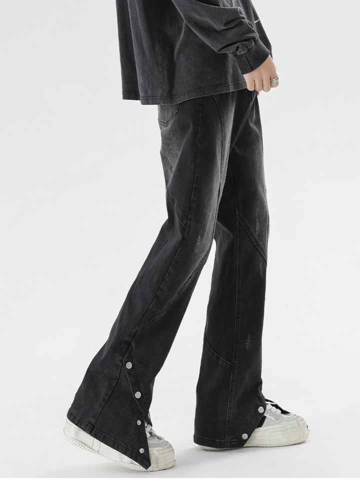 Men's Plus Size Washed Flare Jeans with Snap-Down Hem