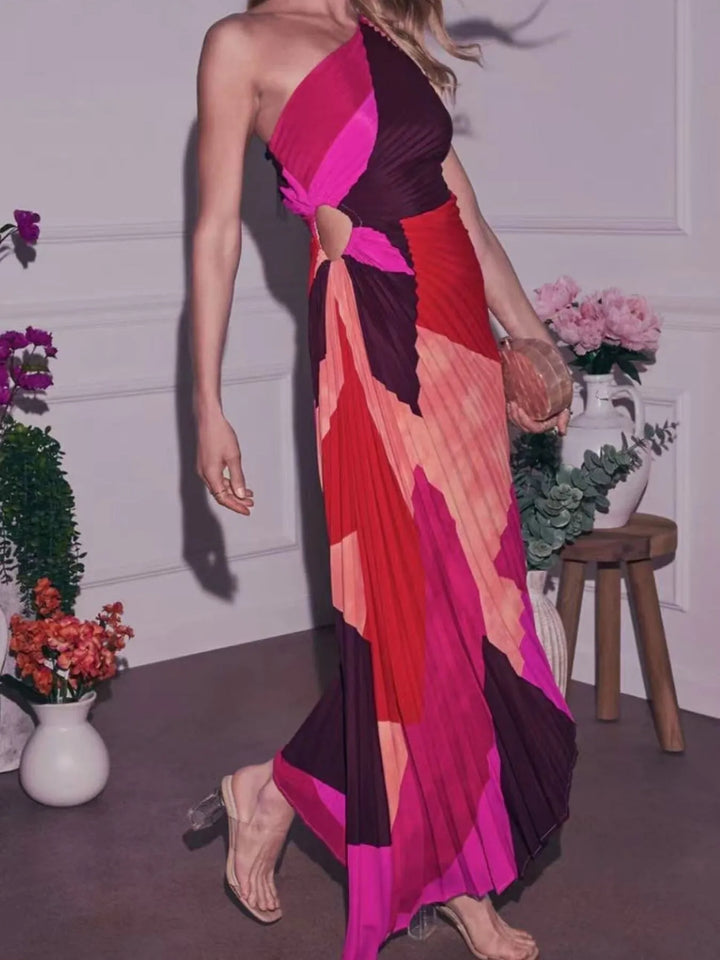 Single Shoulder Floral Pleated Dress