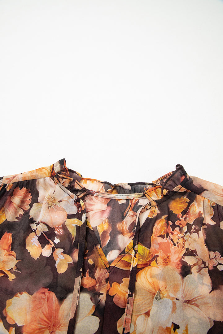 Black Floral V Neck Long Puff Sleeve Breezy Blouse