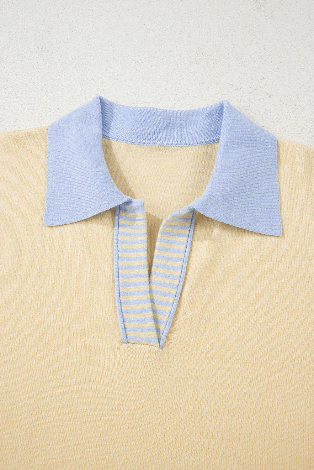 Sky Blue Stripe Contrasting Polo Collar Color Block Knit Drop Shoulder Sweater