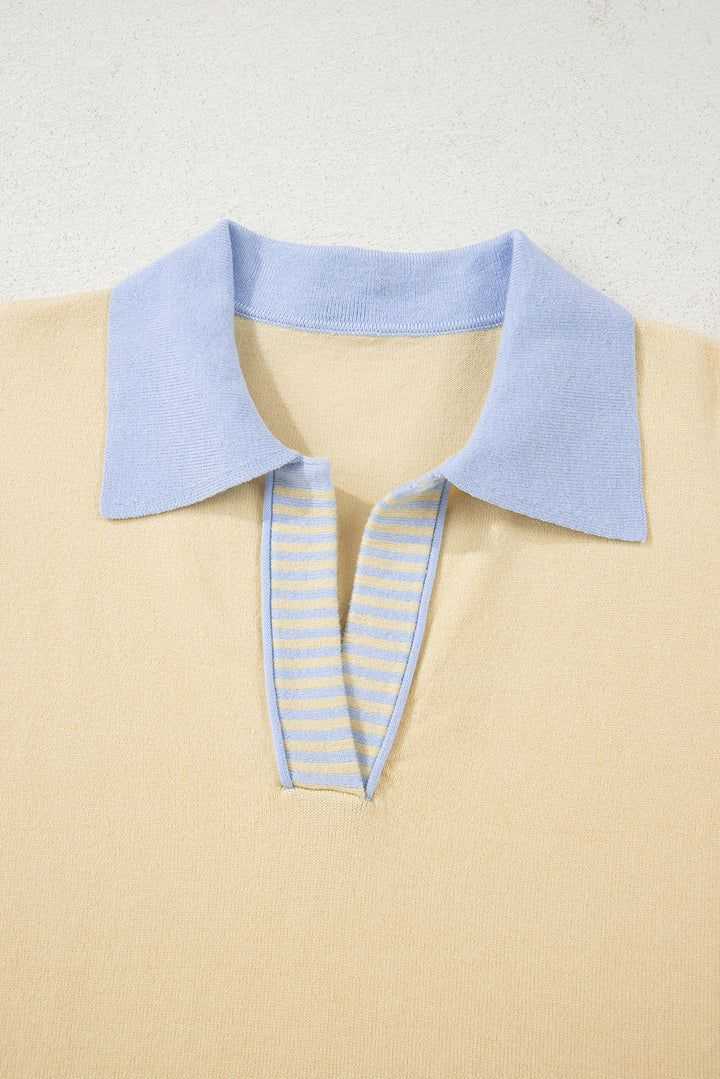 Sky Blue Stripe Contrasting Polo Collar Color Block Knit Drop Shoulder Sweater