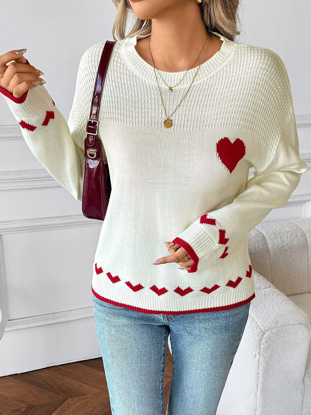 Heart Pattern Dropped Shoulder Sweater