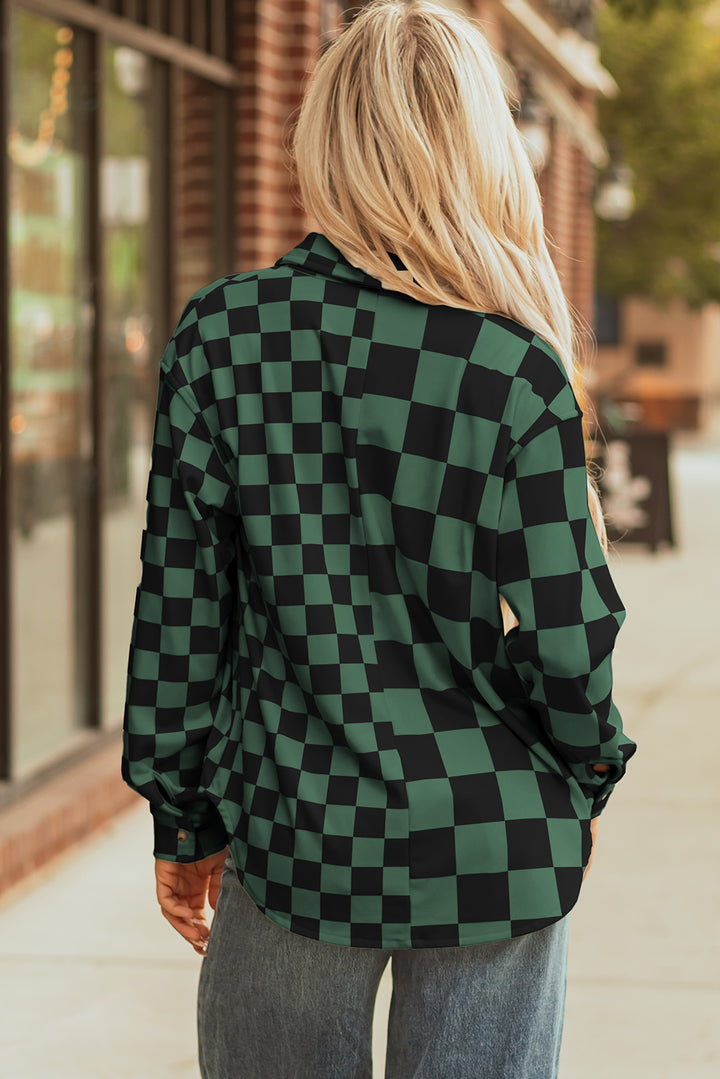 Green Checkerboard Flap Pocket Button Front Shacket