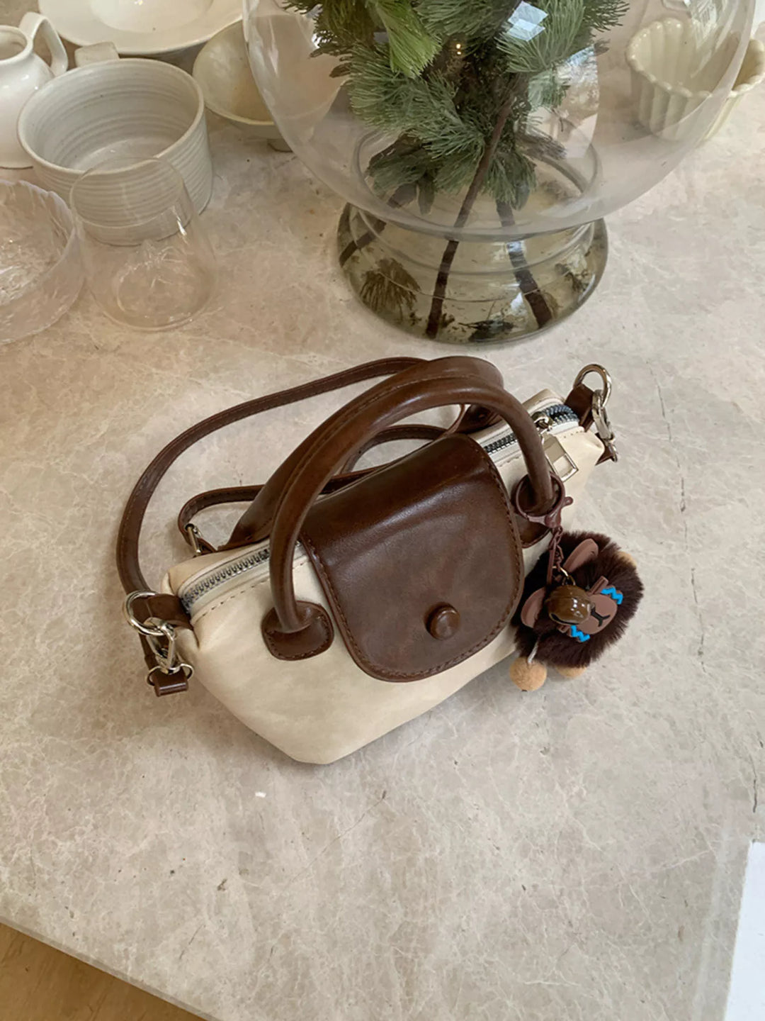 Two-Tone Flap Decor Crossbody Bag with Charm