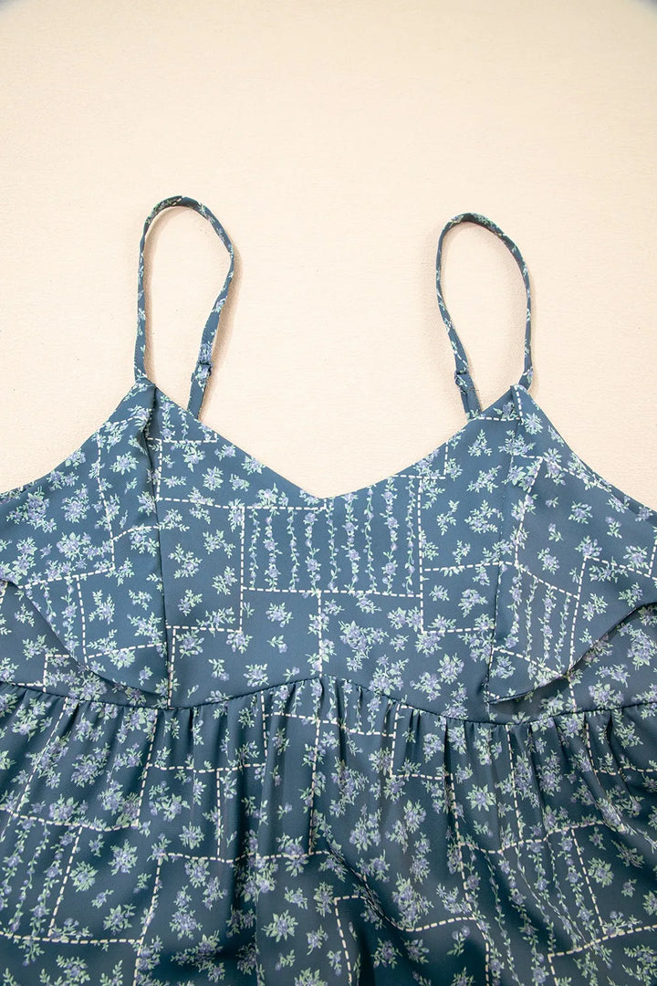 Spaghetti Straps Floral Print Knot Detail High Waist Flared Dress