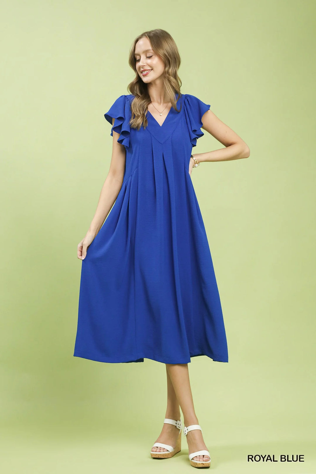 Umgee Ruffle Sleeve V-Neck Midi Dress