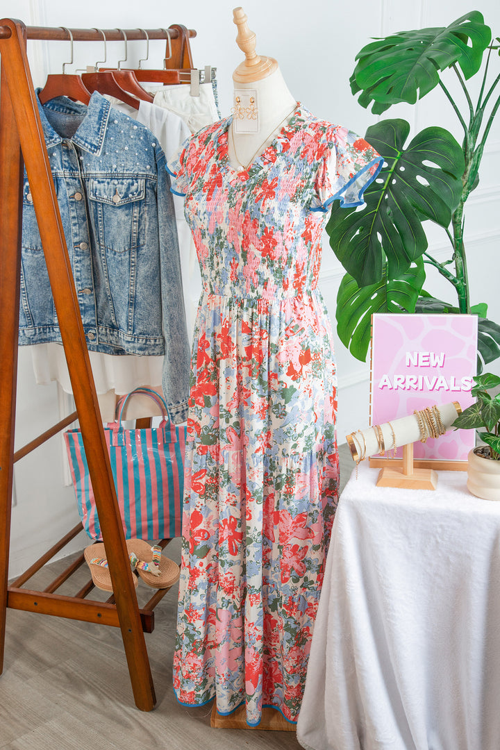 Apricot Floral Print V Neck Contrast Trim Flutter Sleeve Long Dress