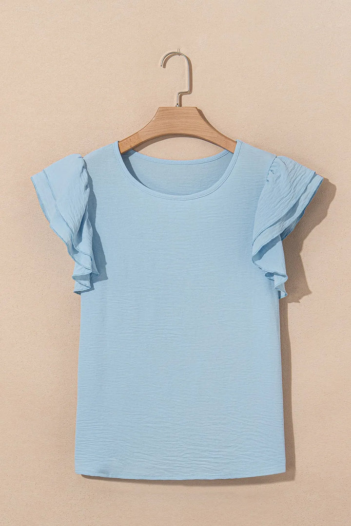 Solid Color Ruffled Short Sleeve Casual Blouse