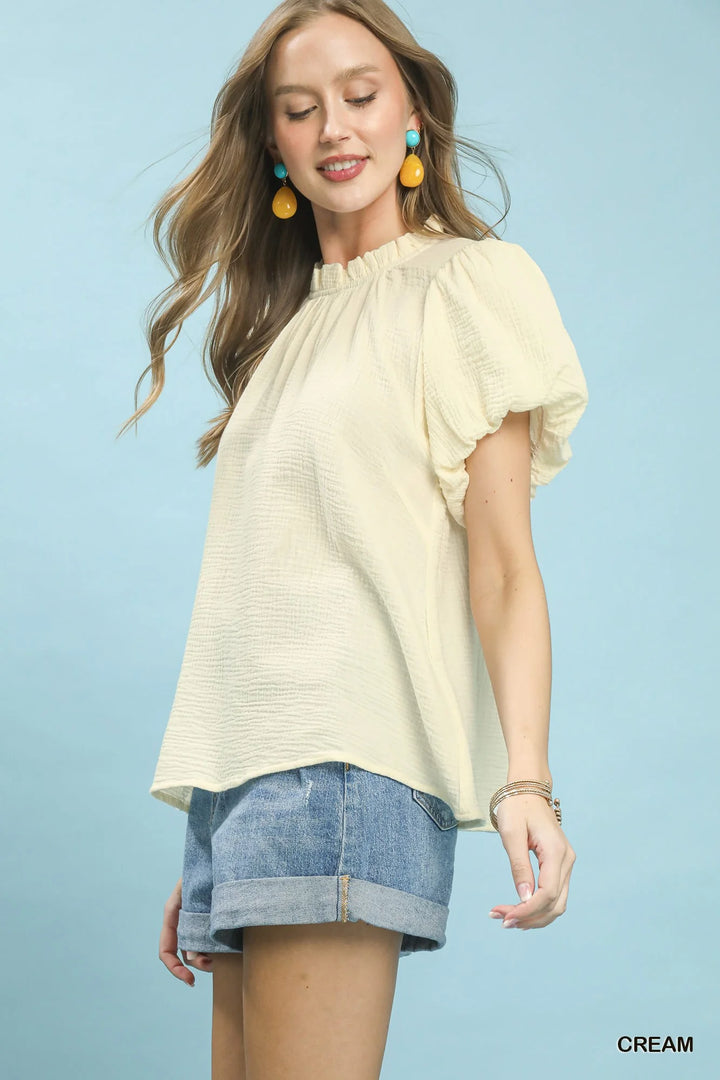 Umgee Textured Gauze Ruffle Neck Boho Top