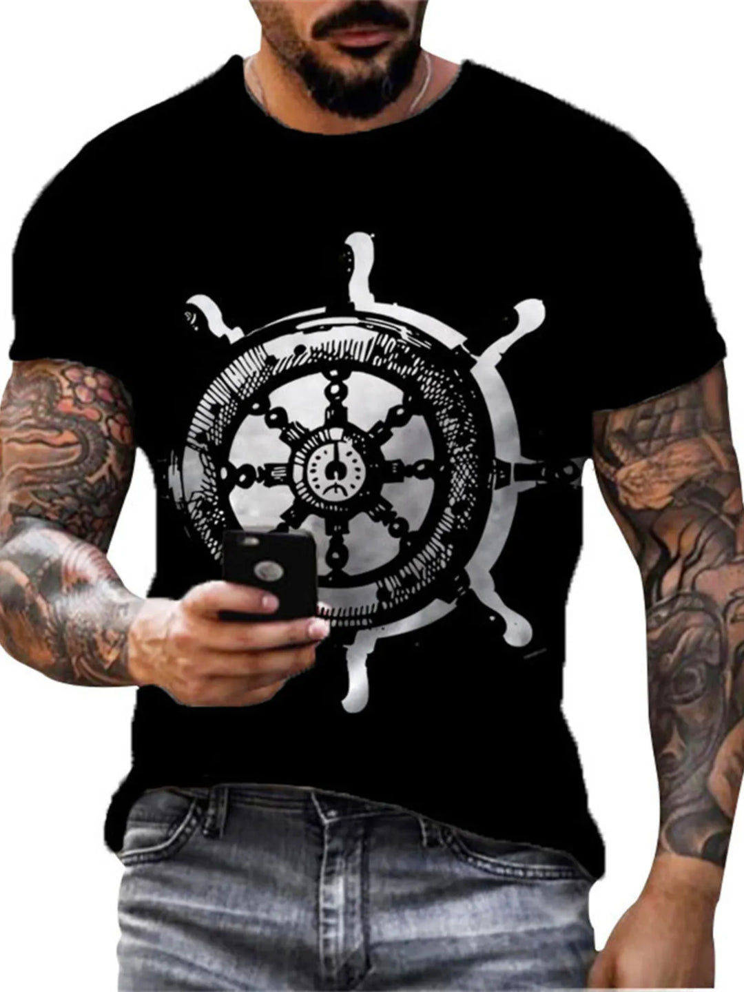 Men's Full Size Artistic Compass Graphic Round Neck T-Shirt Plus Size