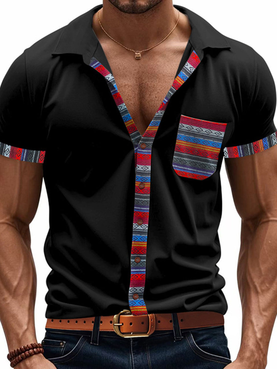 Men's Full Size Short Sleeve Shirt with Colorful Trim Plus Size