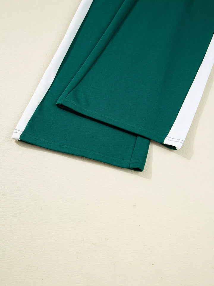 Round Neck Top and Stripe Detail Drawstring Pants Set