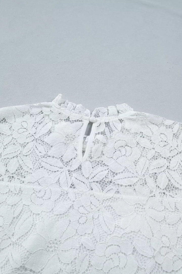 Ruffled Round Neck Long Flounce Sleeve Sheer Lace Blouse