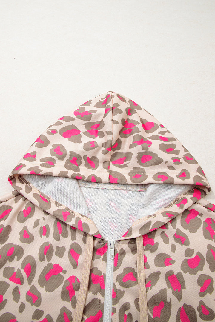 Rose Leopard Print Zip-up Hooded Sweatshirt