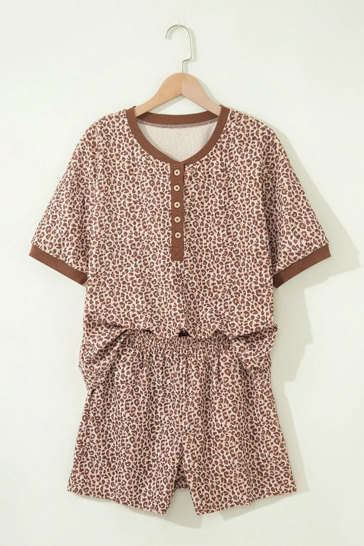 Leopard Print Ribbed Patchwork Half Button Loose Tee Elastic Waist Short 2pcs Set