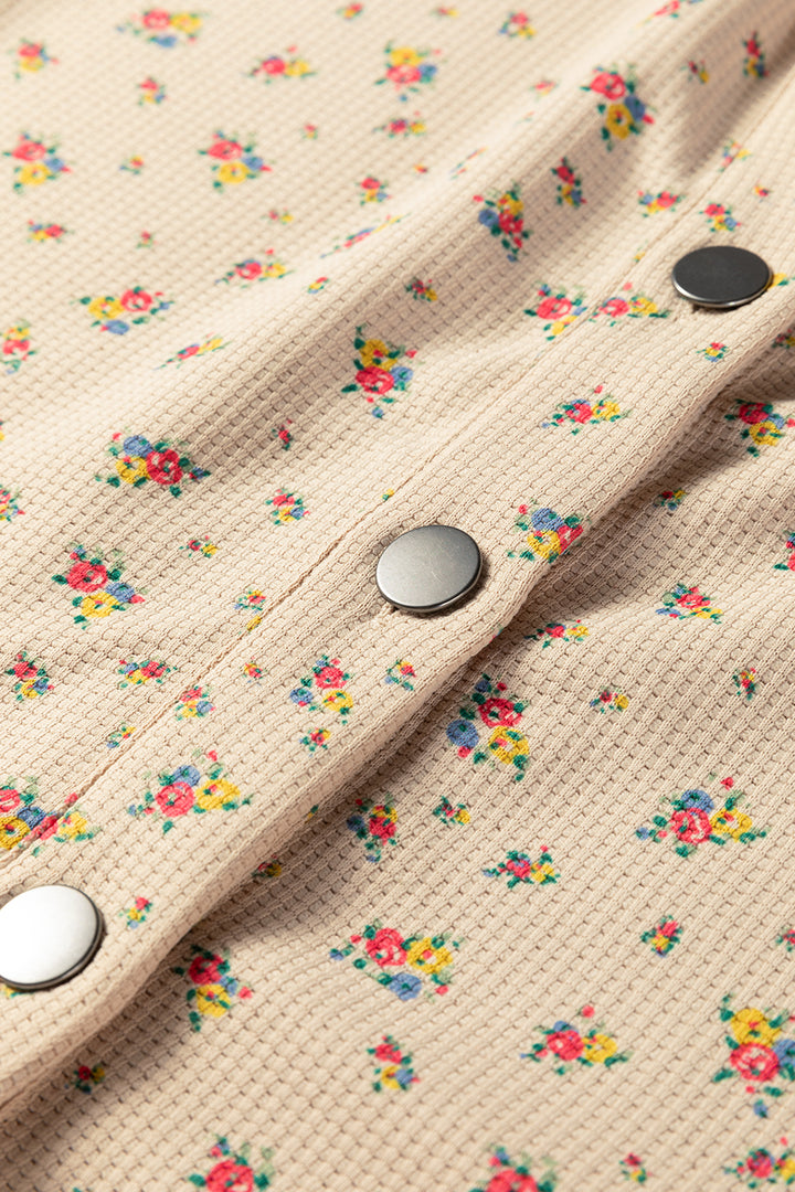 Mist Green Boho Floral Plaid Patchwork Distressed Detail Ruffled Sleeve Waffle Knit Shacket