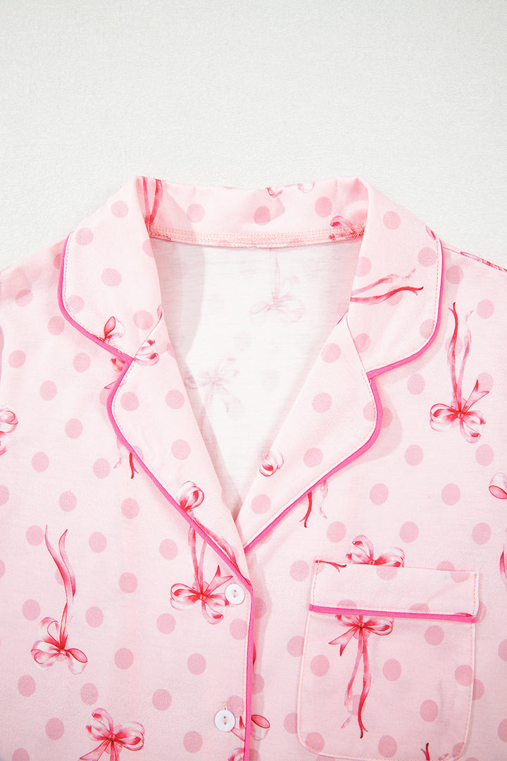 Pink Bow Print Contrast Pipping Short Pajamas Set
