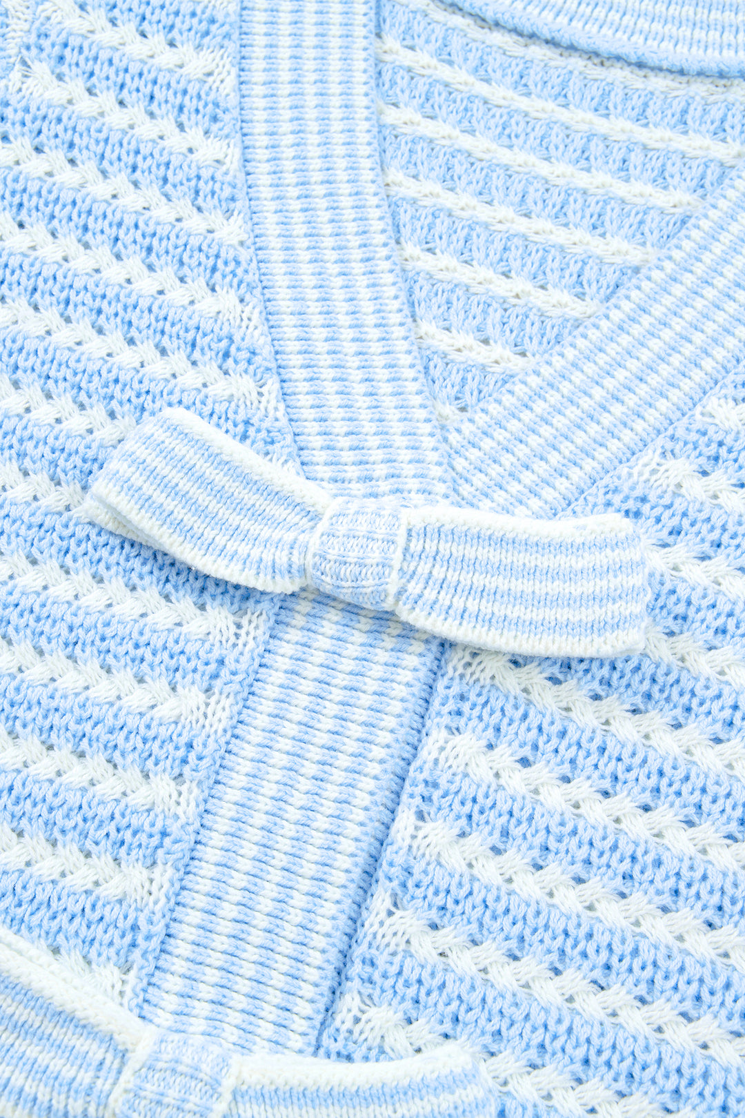 Sky Blue Stripe Short Sleeve Knit V Neck Bow Knot Sweater