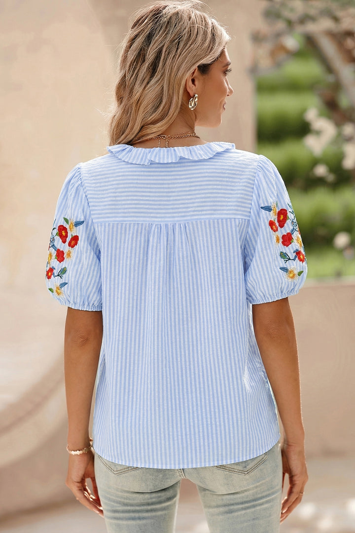 Sky Blue Stripe Floral Embroidered Puff Sleeve Ruffle Trim Shirt
