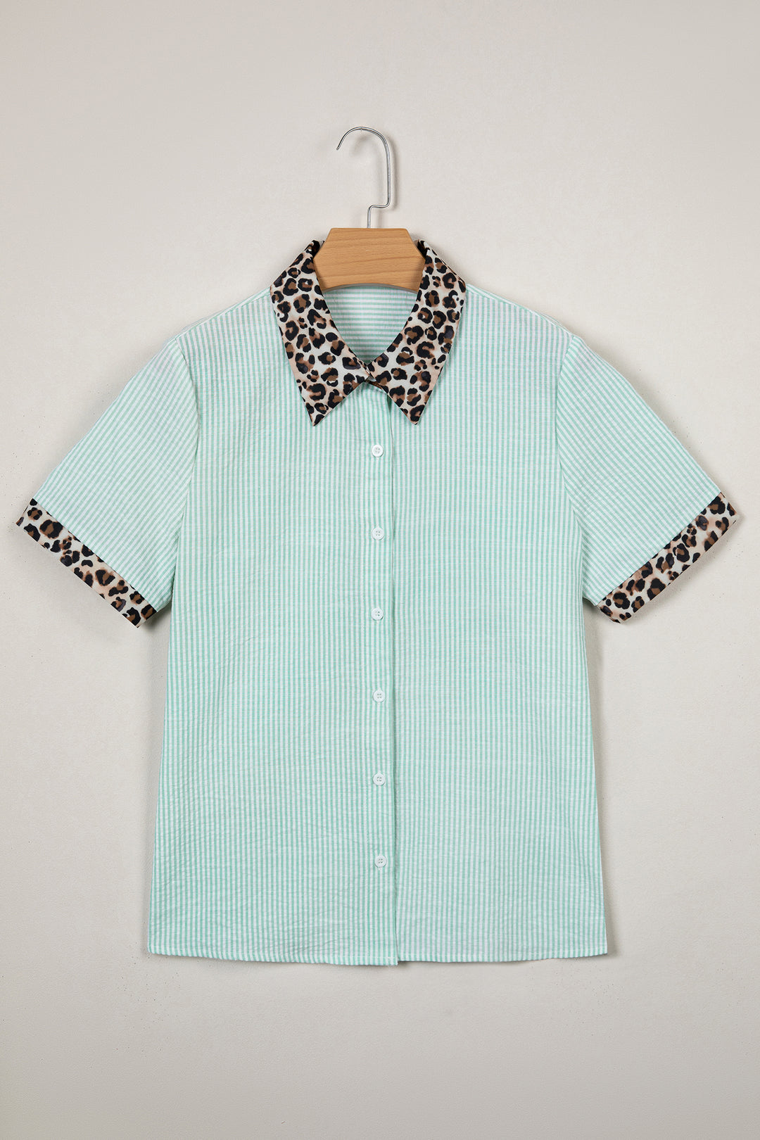 Green Stripe Leopard Contrast Collar Short Sleeve Shirt