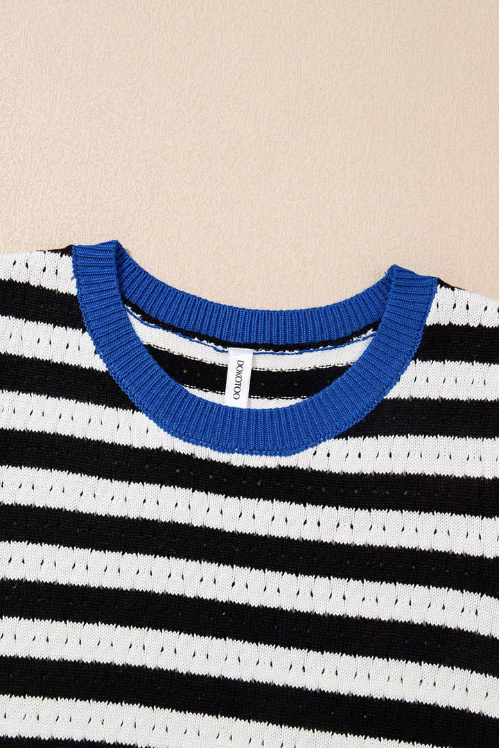Stripe Pointelle Knit Contrast Trim Sleeveless Sweater Top