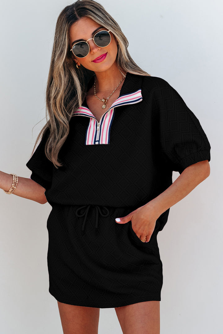 Color black Striped Collared Zip up Textured Skirt Set