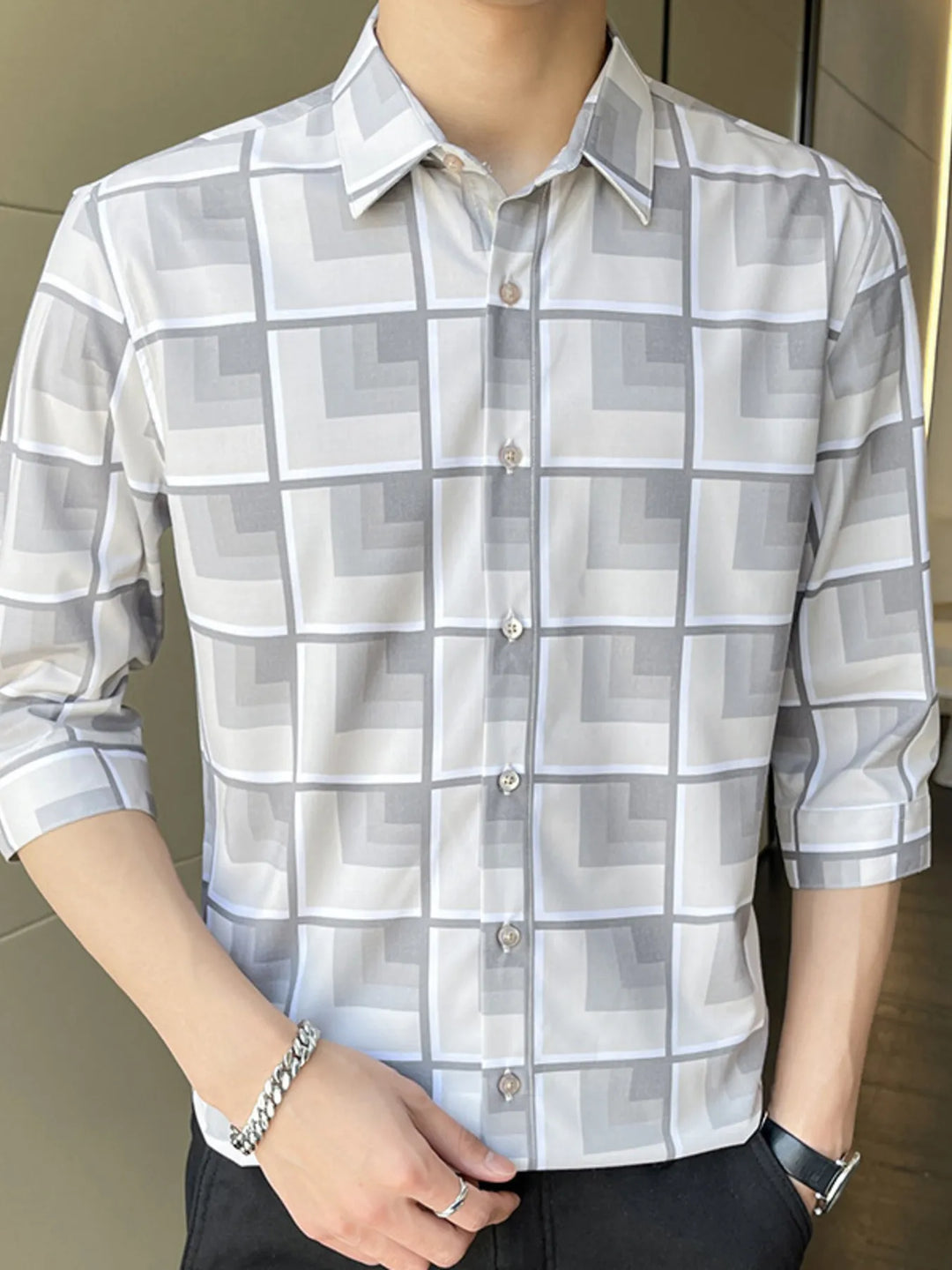 Men's Plus Size Geometric Pattern Button Up Casual Shirt