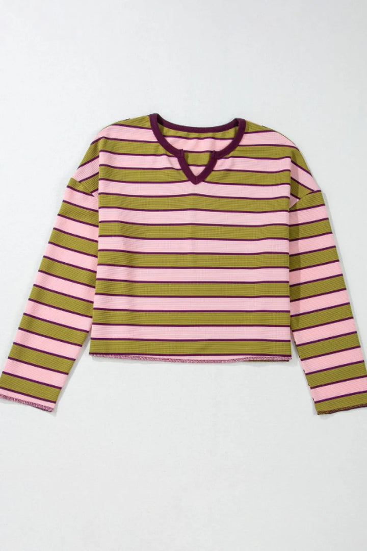 Striped Notched Long Sleeve T-Shirt